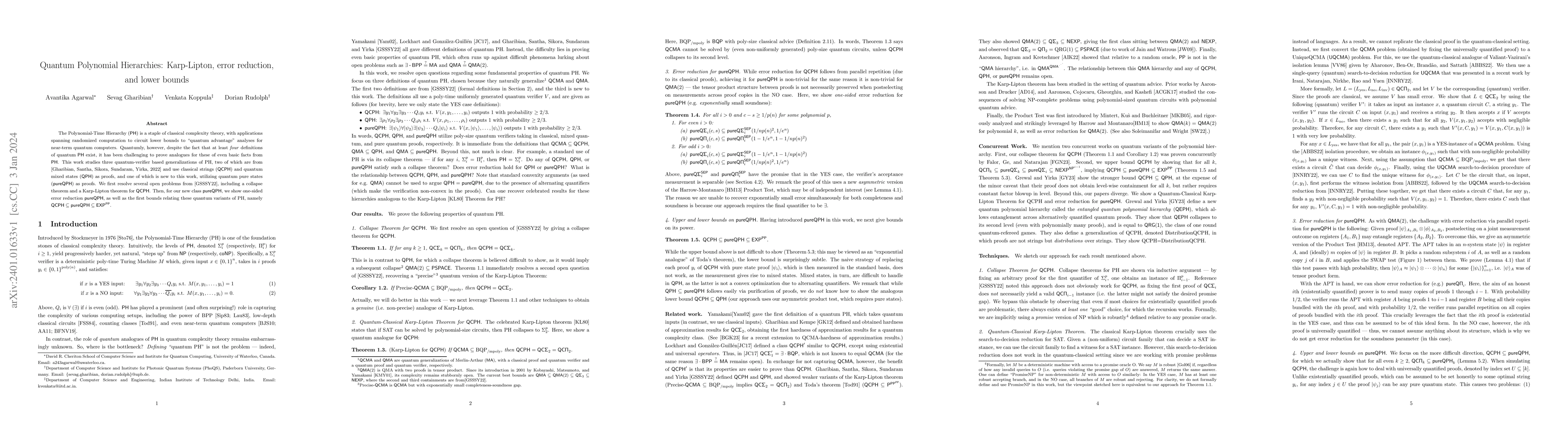 Thumbnail for Quantum Polynomial Hierarchies: Karp-Lipton, error reduction, and lower
  bounds