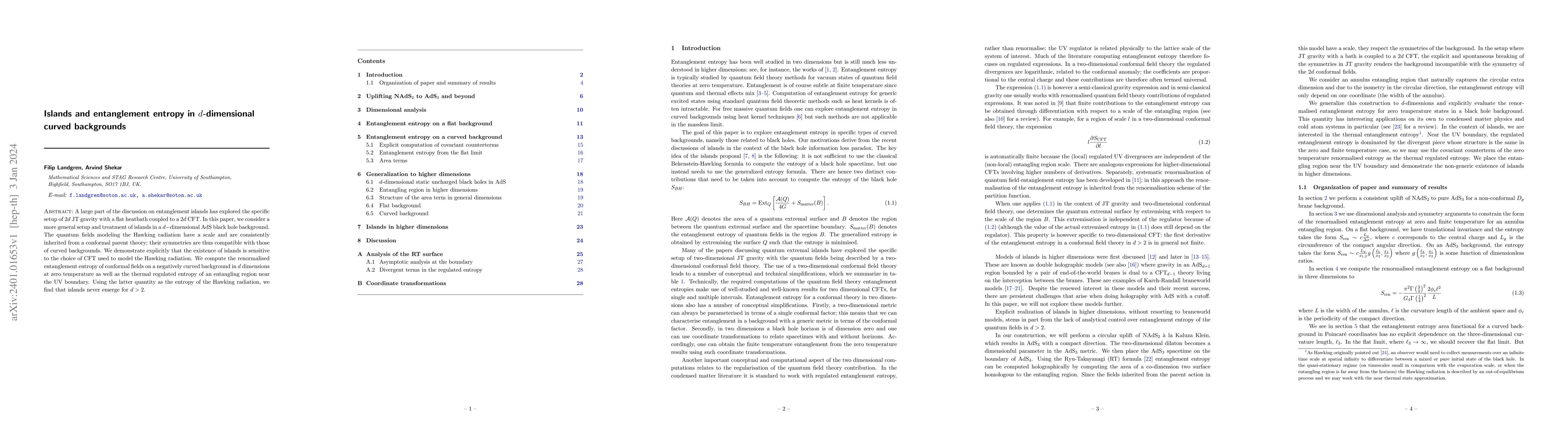 Thumbnail for Islands and entanglement entropy in $d$-dimensional curved backgrounds