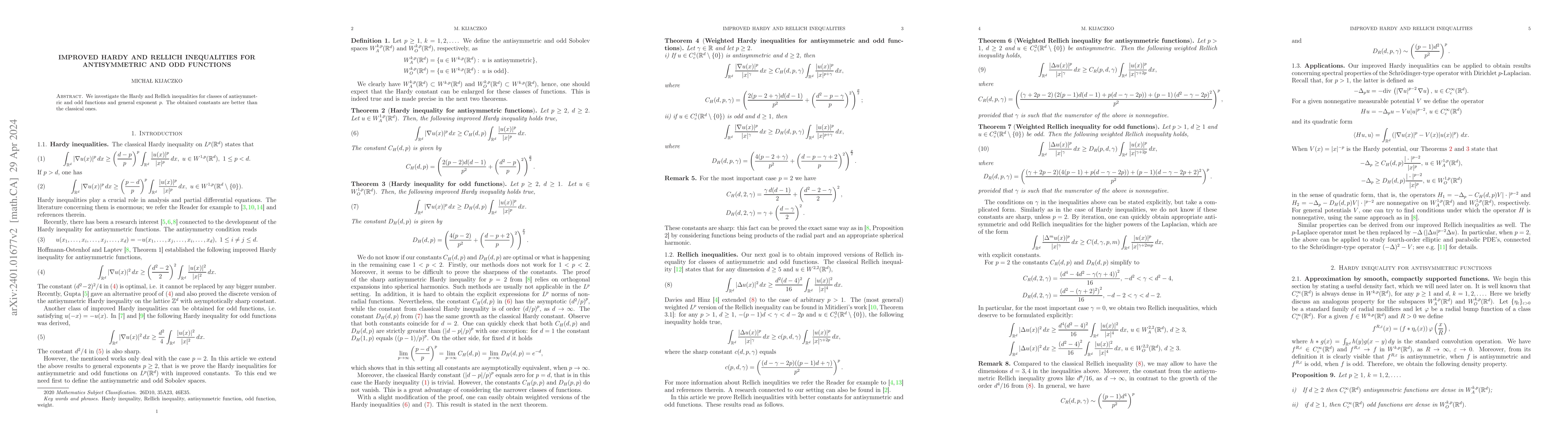 Thumbnail for Improved Hardy and Rellich inequalities for antisymmetric and odd
  functions