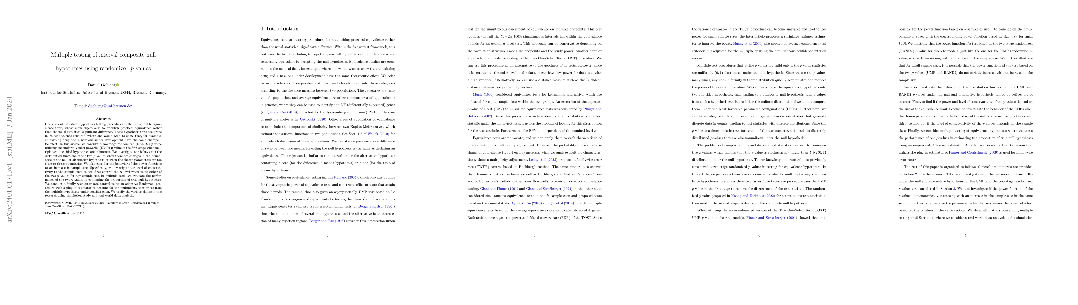 Thumbnail for Multiple testing of interval composite null hypotheses using randomized
  p-values