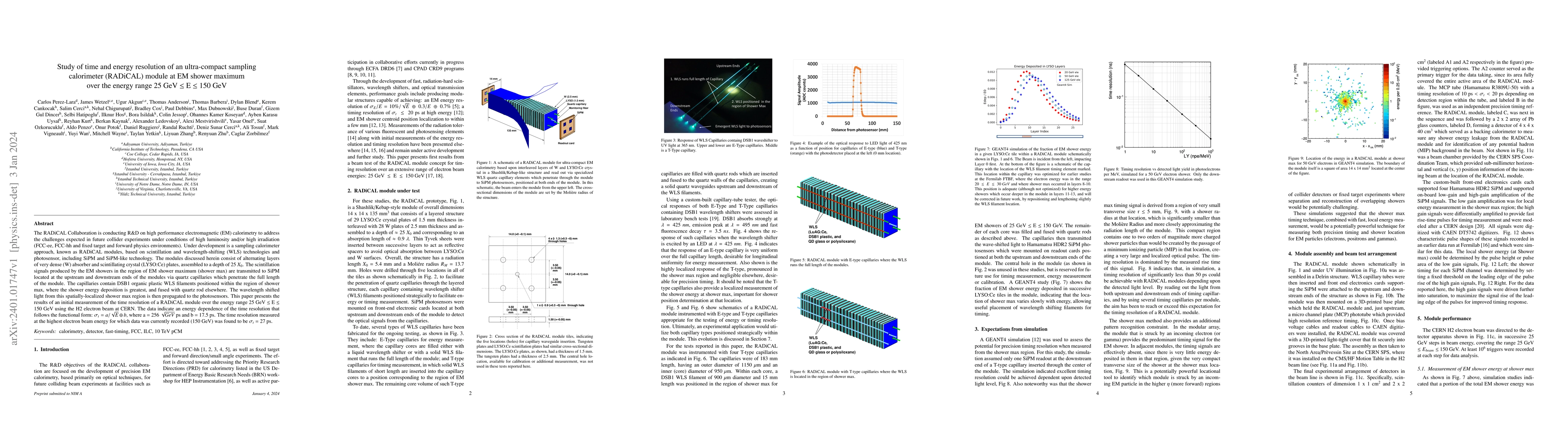 Thumbnail for Study of time and energy resolution of an ultra-compact sampling
  calorimeter (RADiCAL) module at EM shower maximum over the energy range 25
  GeV $\leq$ E $\leq$ 150 GeV