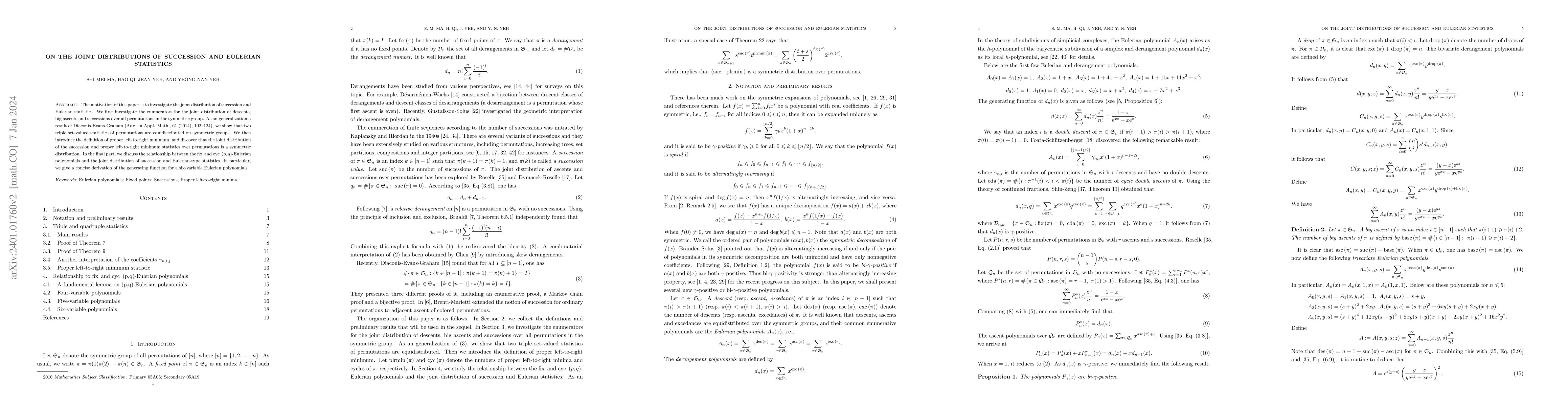 Thumbnail for On the joint distributions of succession and Eulerian statistics