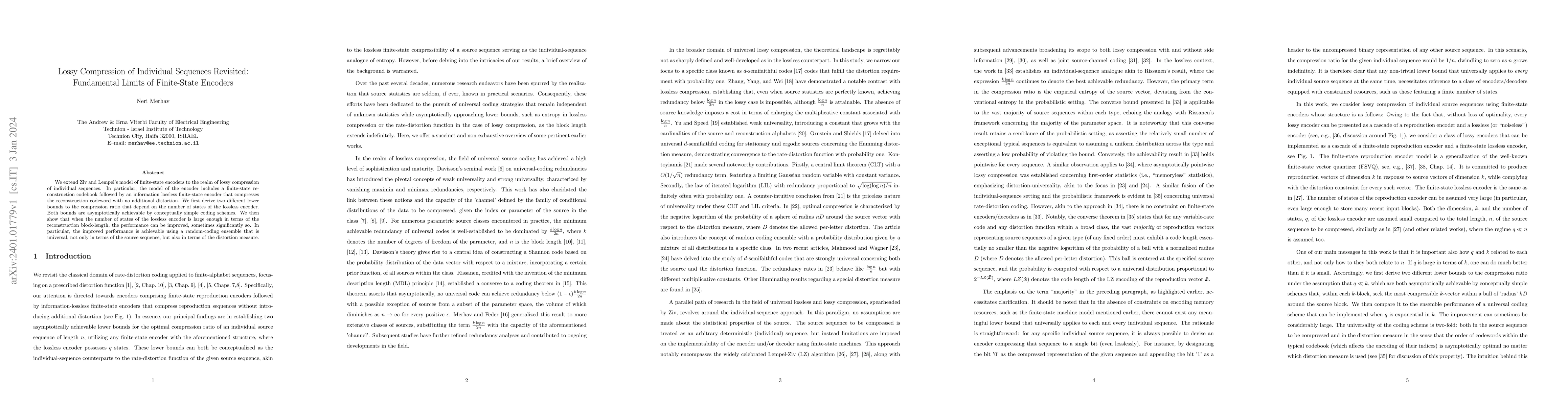 Thumbnail for Lossy Compression of Individual Sequences Revisited: Fundamental Limits
  of Finite-State Encoders
