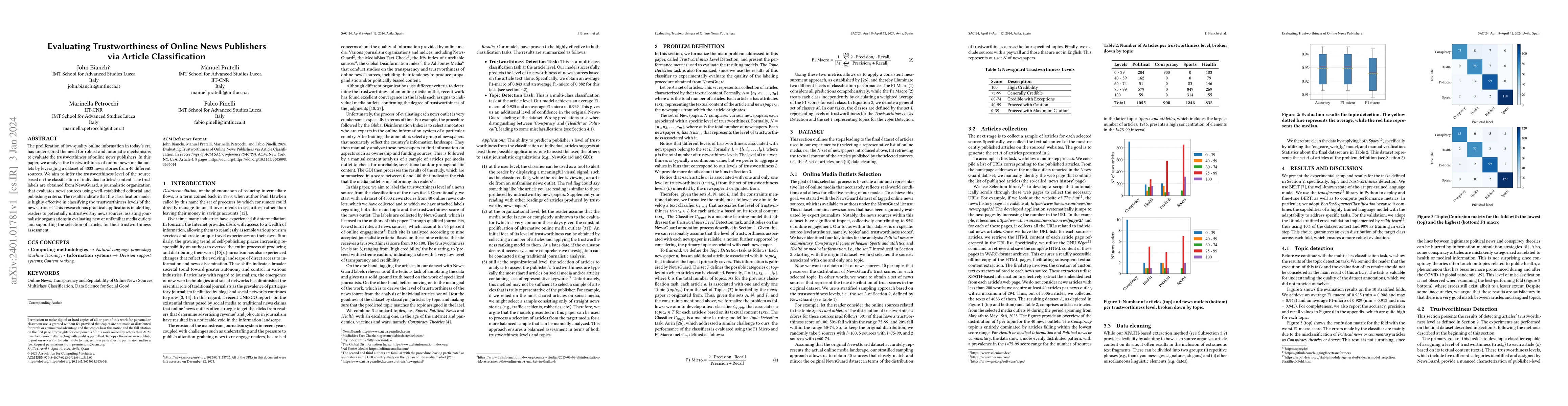 Thumbnail for Evaluating Trustworthiness of Online News Publishers via Article
  Classification