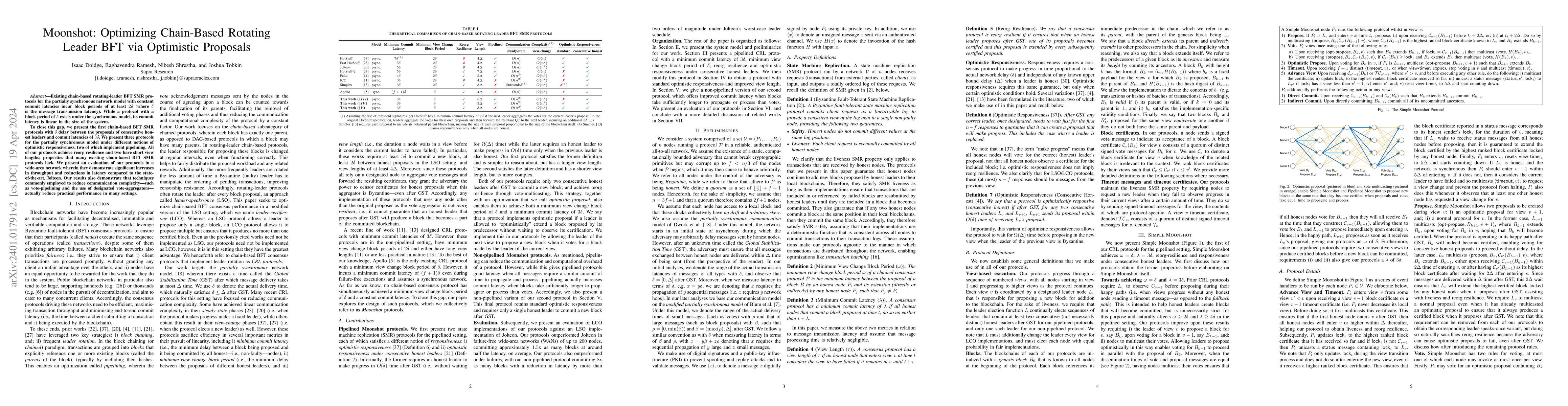 Thumbnail for Moonshot: Optimizing Chain-Based Rotating Leader BFT via Optimistic
  Proposals