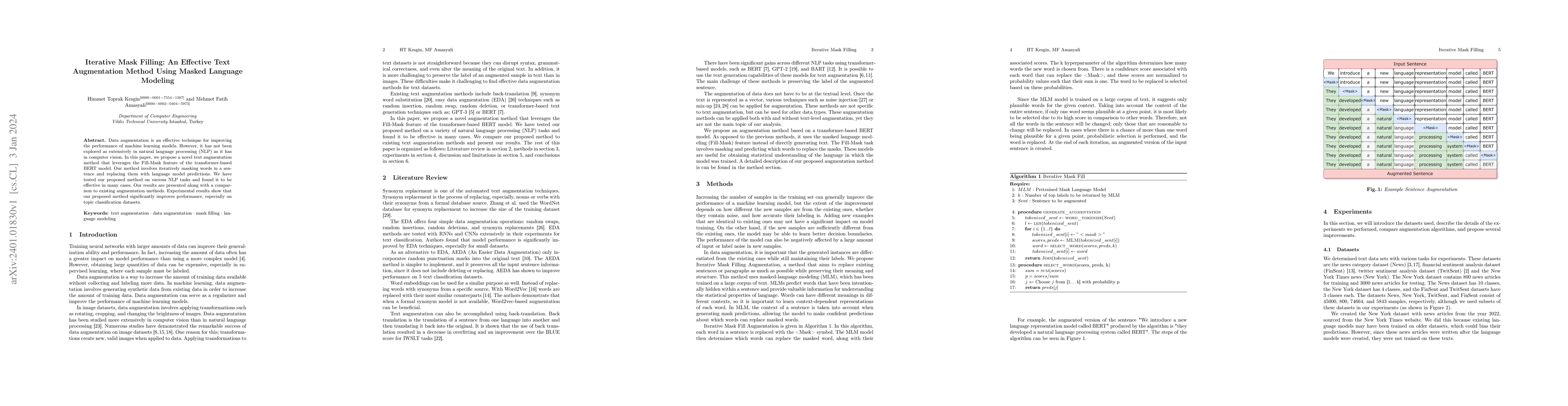 Thumbnail for Iterative Mask Filling: An Effective Text Augmentation Method Using
  Masked Language Modeling