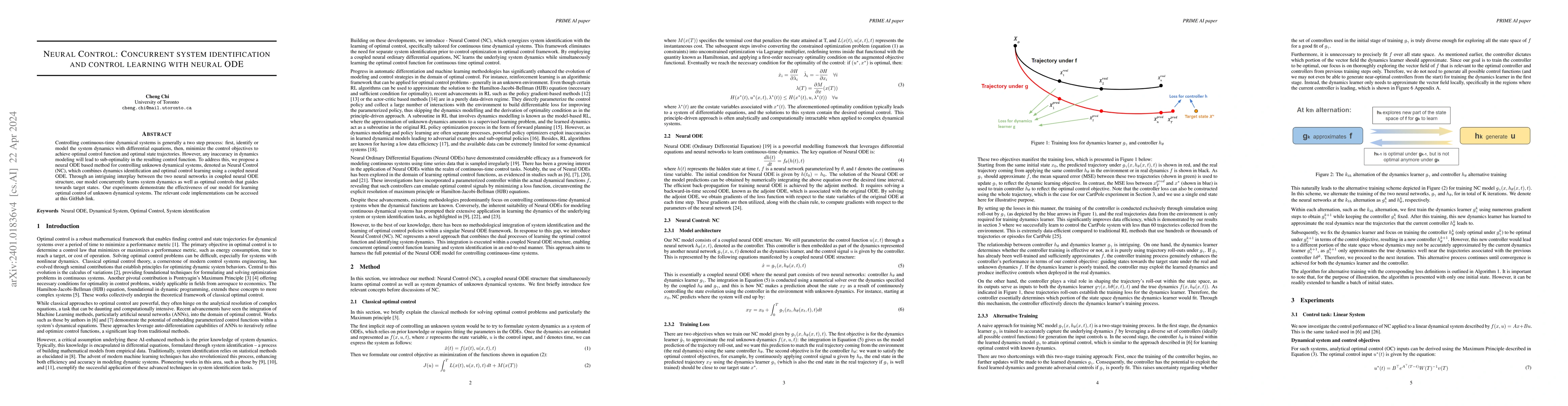 Thumbnail for Neural Control: Concurrent System Identification and Control Learning
  with Neural ODE