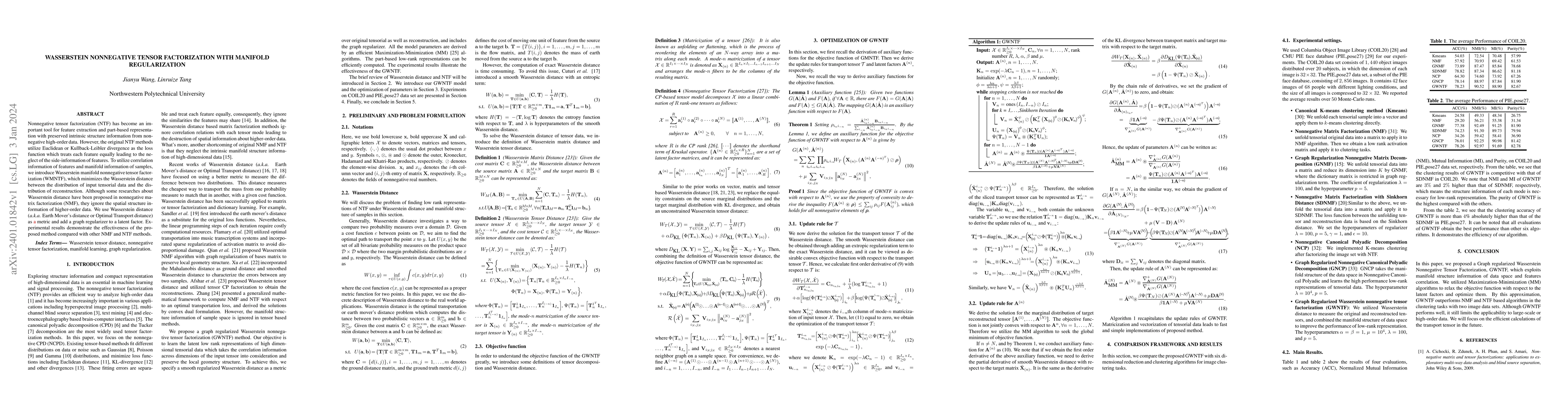 Thumbnail for Wasserstein Nonnegative Tensor Factorization with Manifold
  Regularization