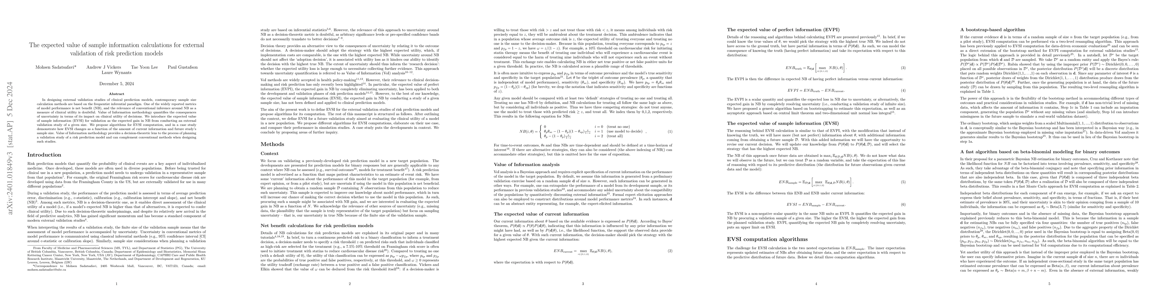 Thumbnail for The expected value of sample information calculations for external
  validation of risk prediction models