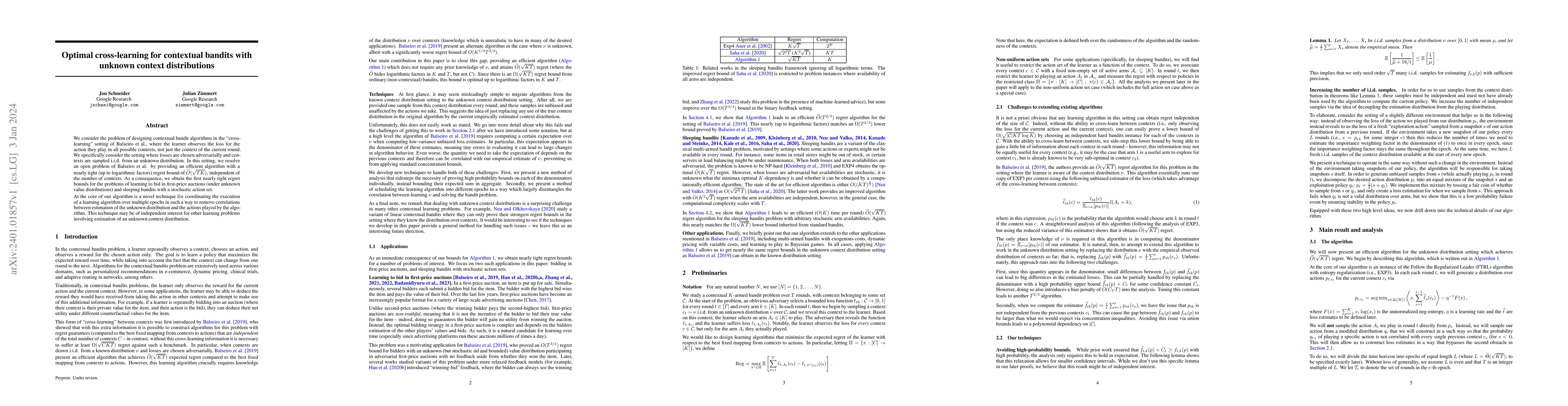Thumbnail for Optimal cross-learning for contextual bandits with unknown context
  distributions