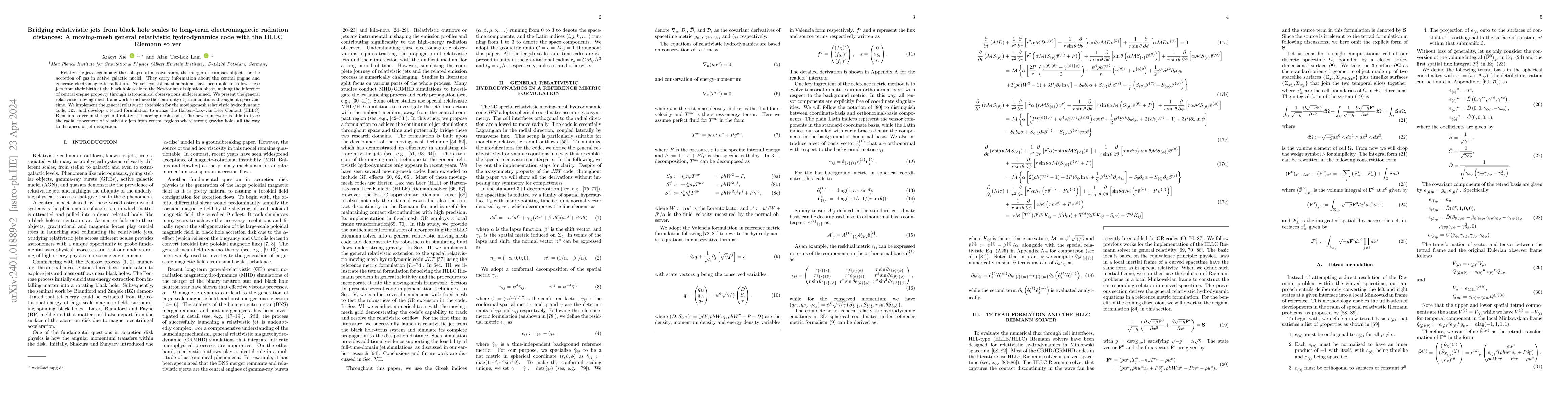 Thumbnail for Bridging relativistic jets from black hole scales to long-term
  electromagnetic radiation distances: A moving-mesh general relativistic
  hydrodynamics code with the HLLC Riemann solver