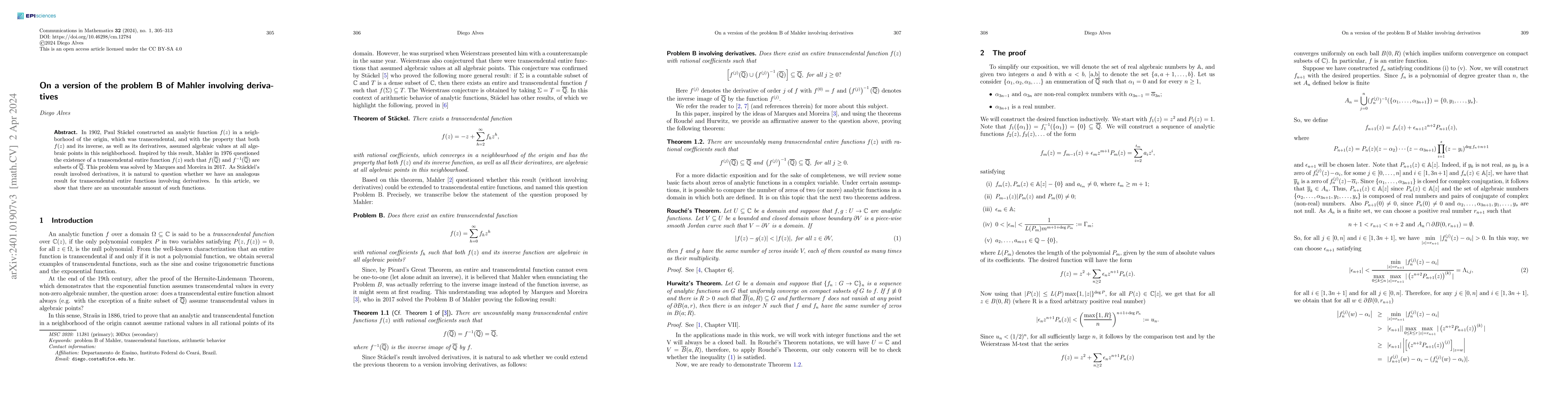 Thumbnail for On a version of the Problem B of Mahler involving derivatives