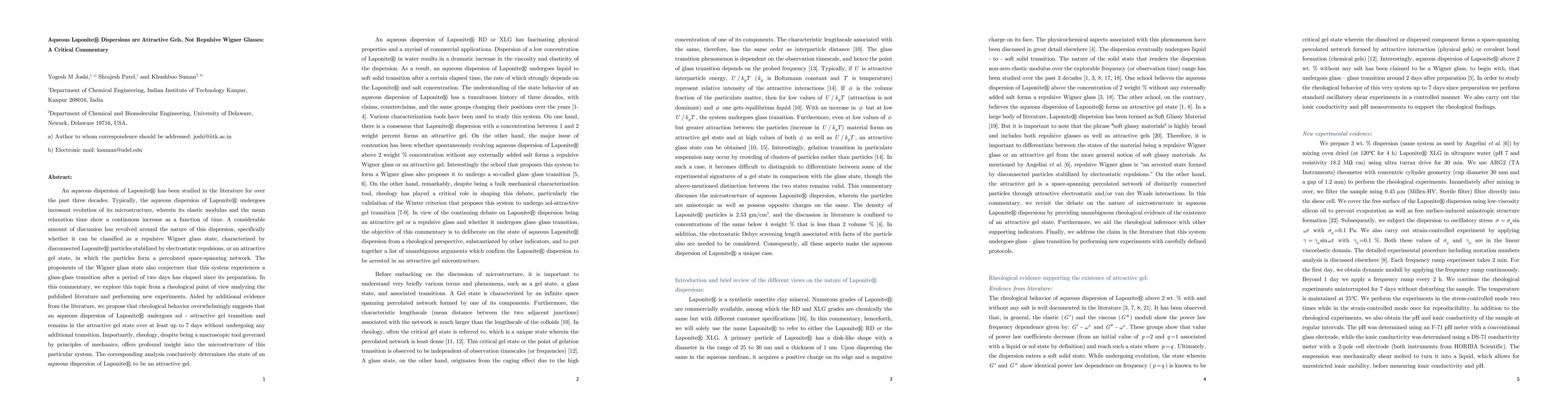 Thumbnail for Aqueous Laponite Dispersions are Attractive Gels, Not Repulsive Wigner
  Glasses: A Critical Commentary
