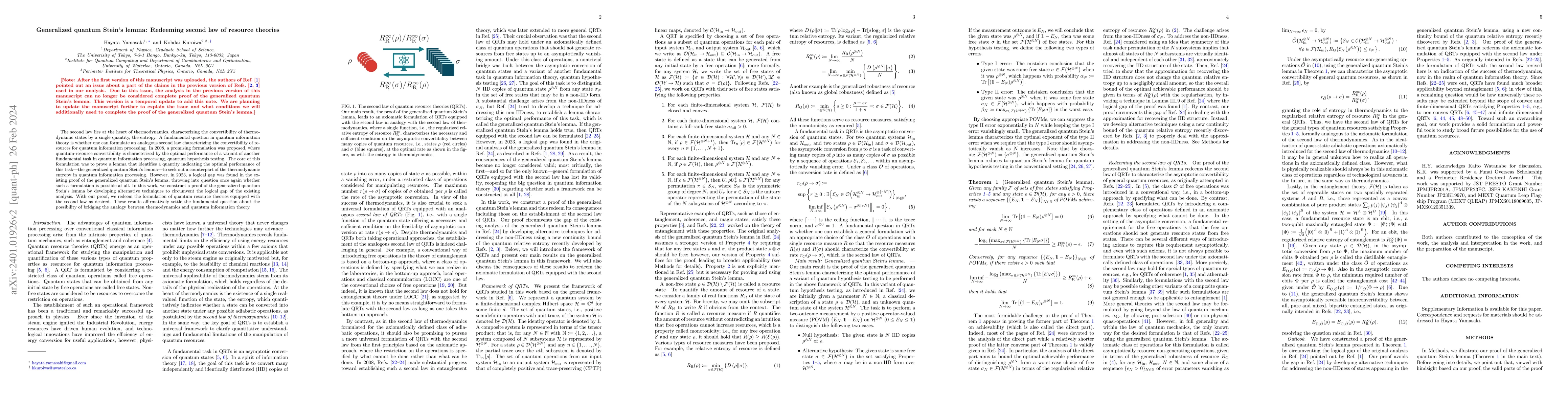 Thumbnail for Generalized Quantum Stein's Lemma: Redeeming Second Law of Resource
  Theories