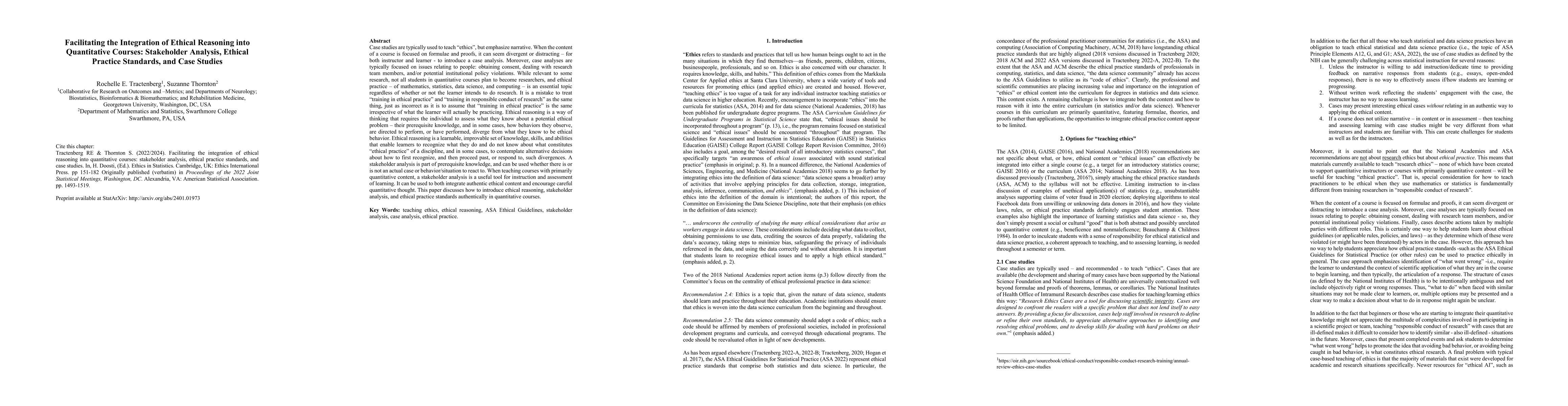 Thumbnail for Facilitating the Integration of Ethical Reasoning into Quantitative
  Courses: Stakeholder Analysis, Ethical Practice Standards, and Case Studies