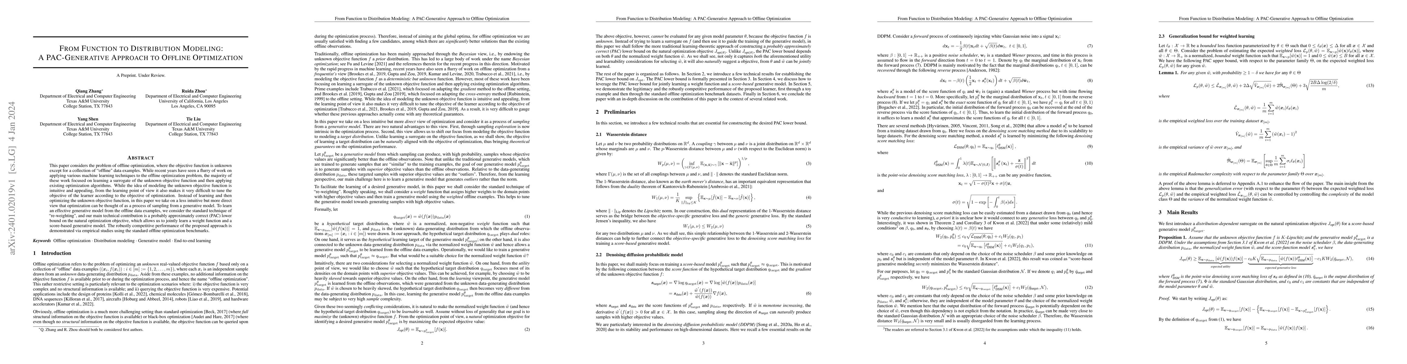 Thumbnail for From Function to Distribution Modeling: A PAC-Generative Approach to
  Offline Optimization