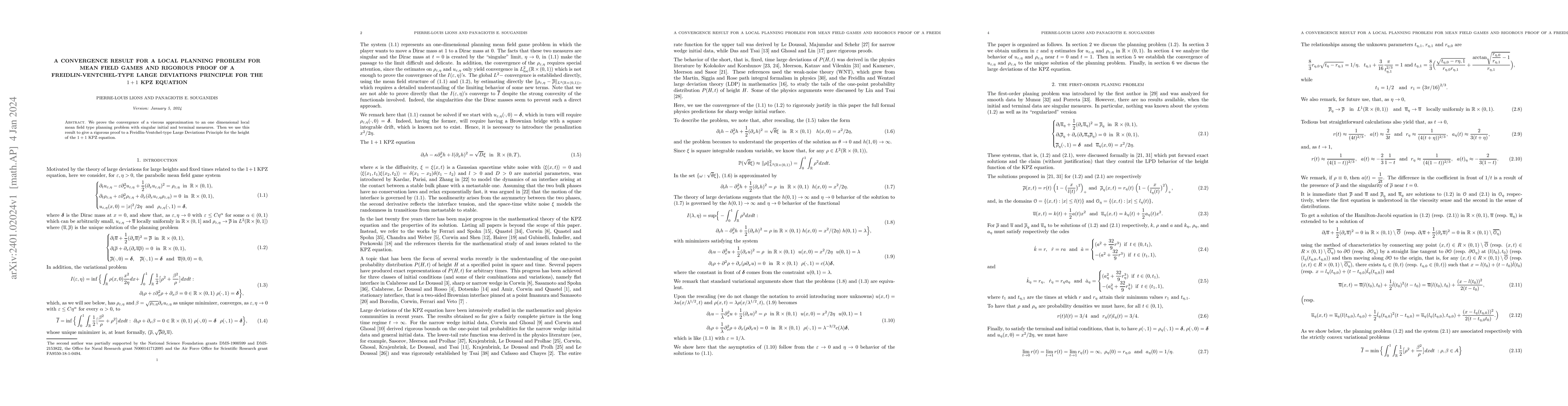 Thumbnail for A convergence result for a local planning problem for mean field games
  and rigorous proof of a Freidlin-Ventchel-type Large Deviations Principle for
  the $1+1$ KPZ equation