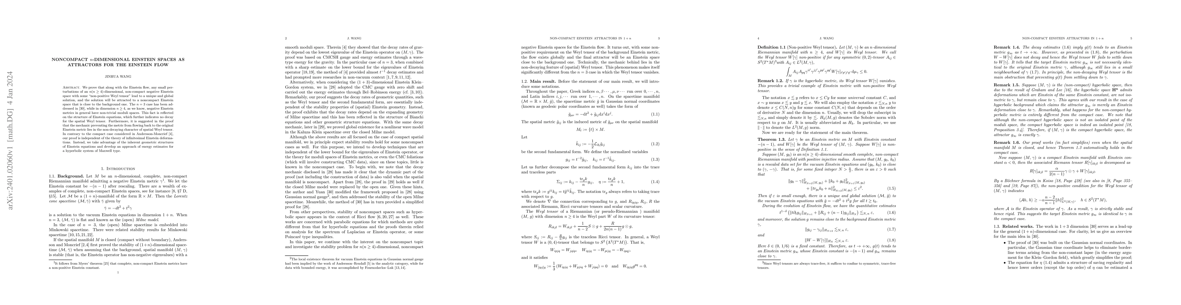 Thumbnail for Noncompact $n$-dimensional Einstein spaces as attractors for the
  Einstein flow