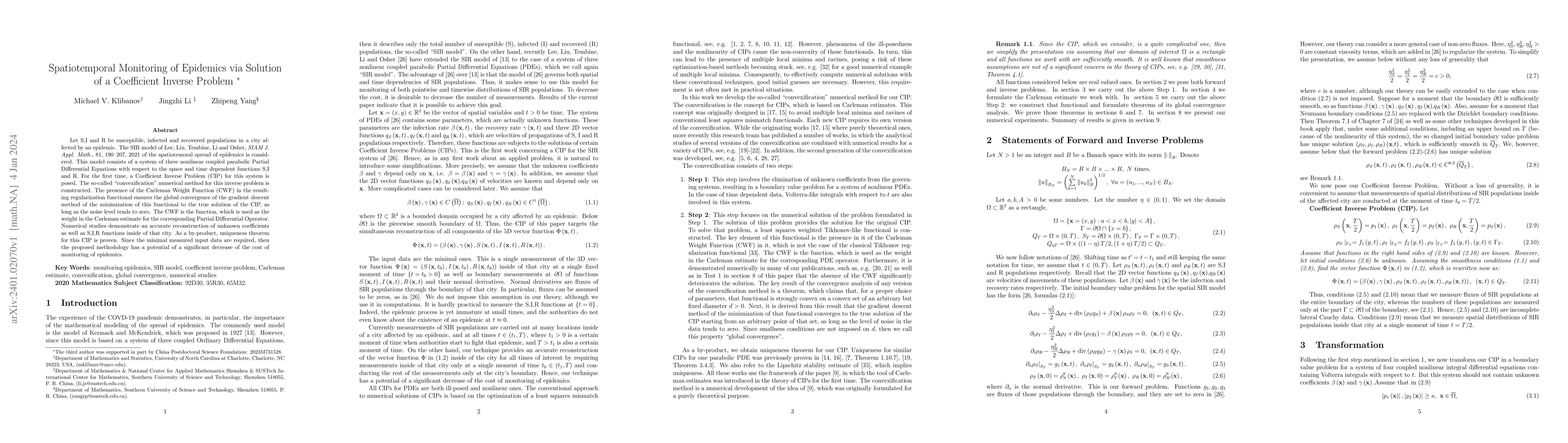 Thumbnail for Spatiotemporal Monitoring of Epidemics via Solution of a Coefficient
  Inverse Problem