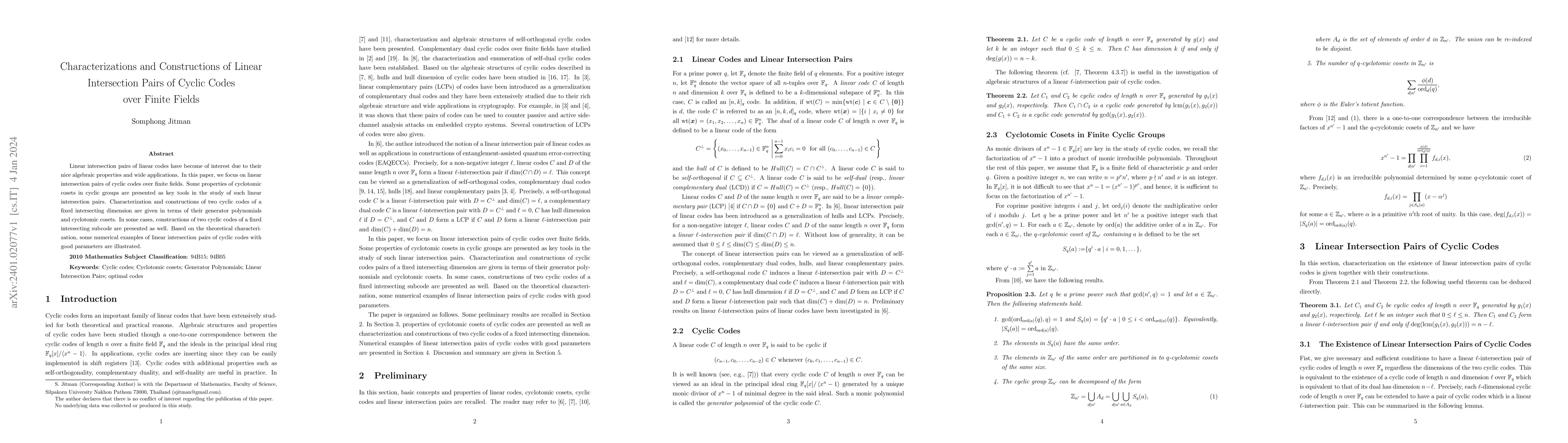 Thumbnail for Characterizations and Constructions of Linear Intersection Pairs of
  Cyclic Codes over Finite Fields