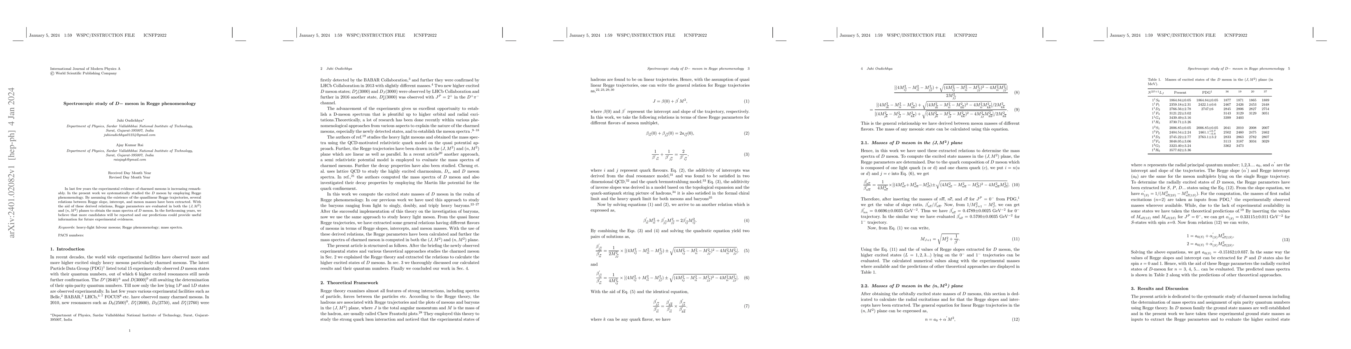 Thumbnail for Spectroscopic study of $D-$ meson in Regge phenomenology