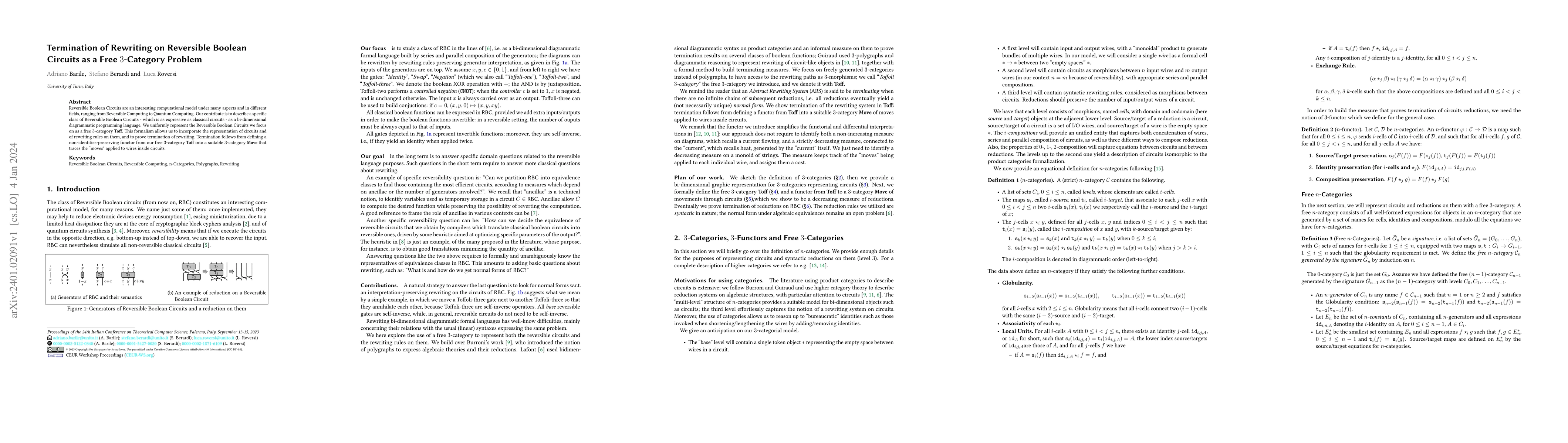 Thumbnail for Termination of Rewriting on Reversible Boolean Circuits as a Free
  3-Category Problem