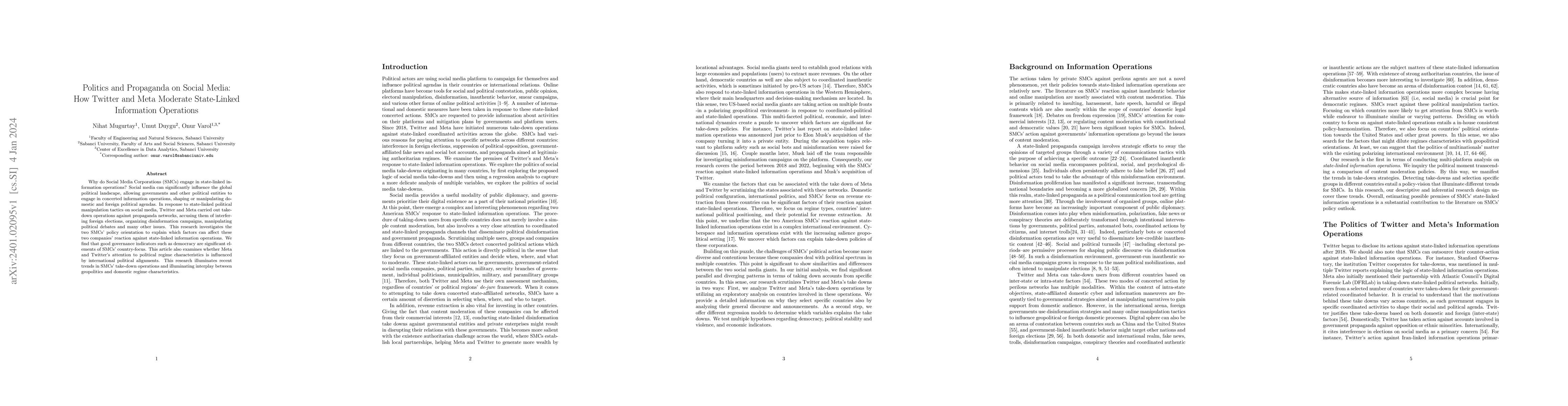 Thumbnail for Politics and Propaganda on Social Media: How Twitter and Meta Moderate
  State-Linked Information Operations