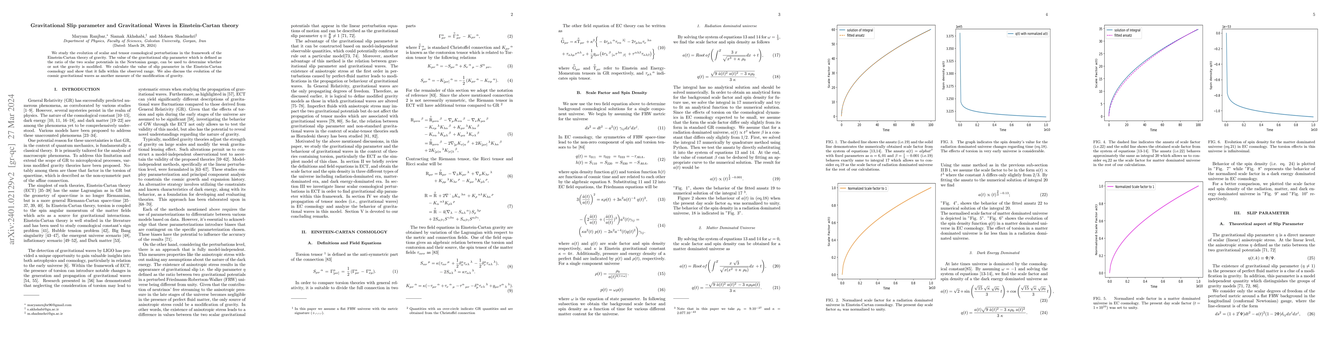 Thumbnail for Gravitational Slip parameter and Gravitational Waves in Einstein-Cartan
  theory