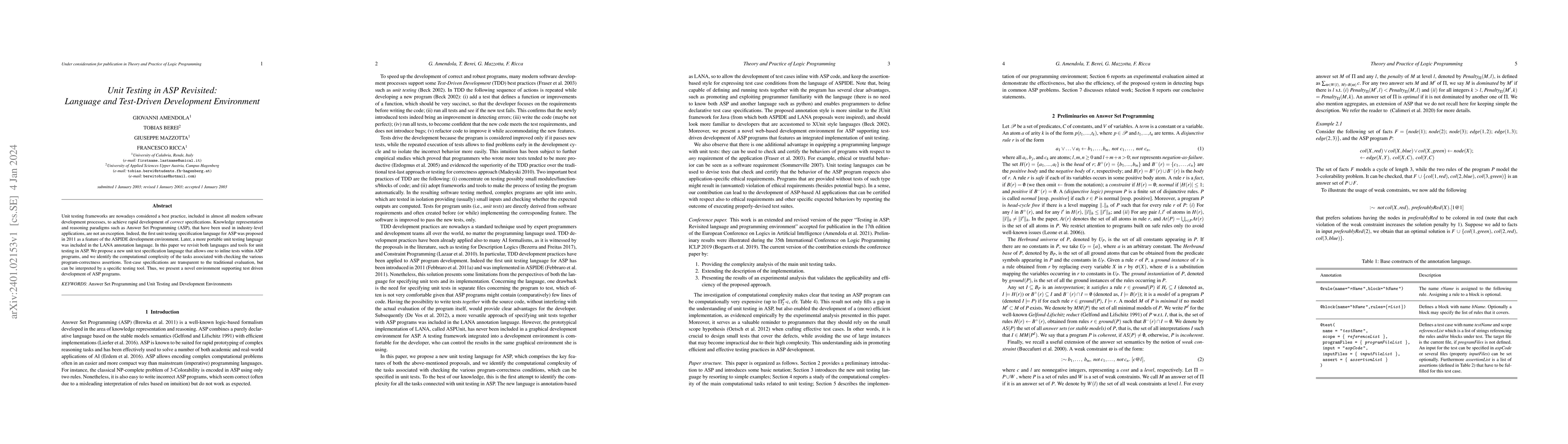 Thumbnail for Unit Testing in ASP Revisited: Language and Test-Driven Development
  Environment