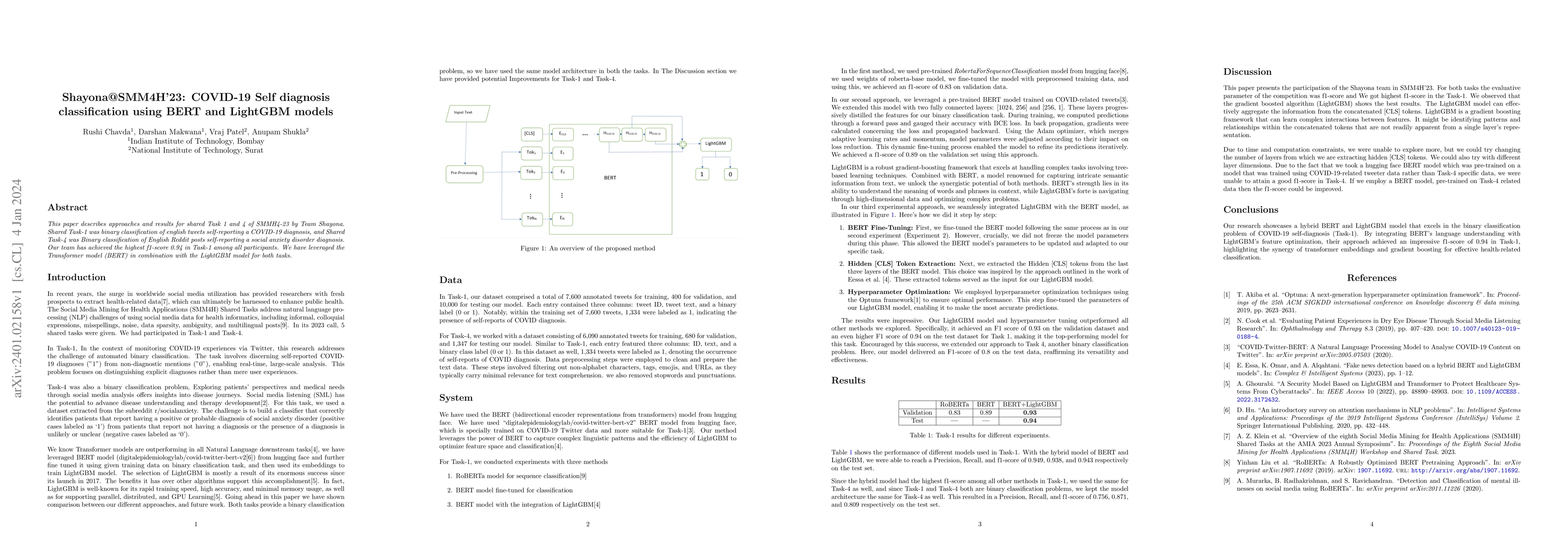Thumbnail for Shayona@SMM4H23: COVID-19 Self diagnosis classification using BERT and
  LightGBM models