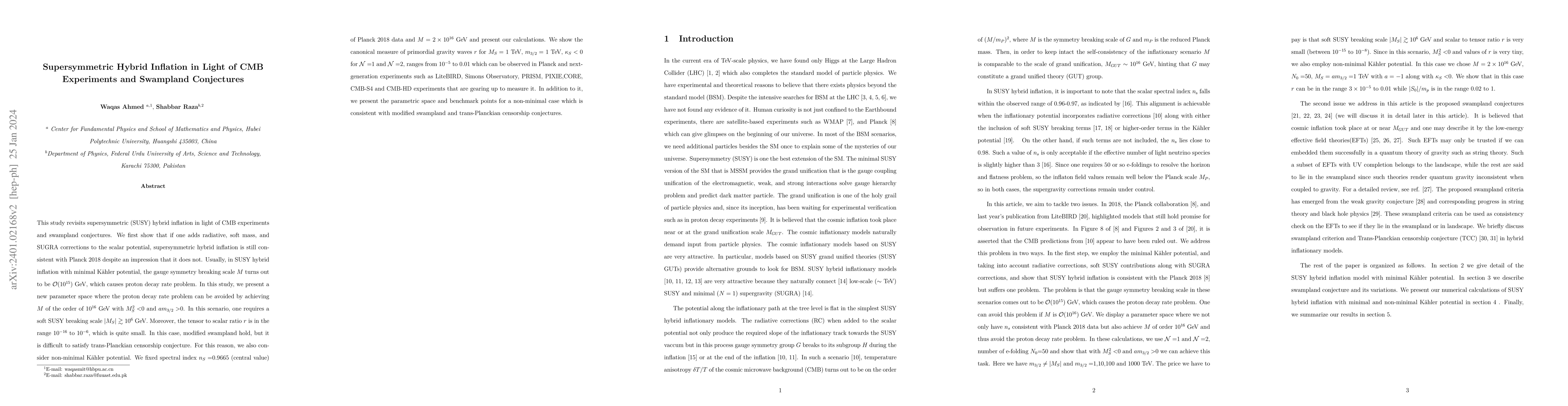 Thumbnail for Supersymmetric Hybrid Inflation in Light of CMB Experiments and
  Swampland Conjectures