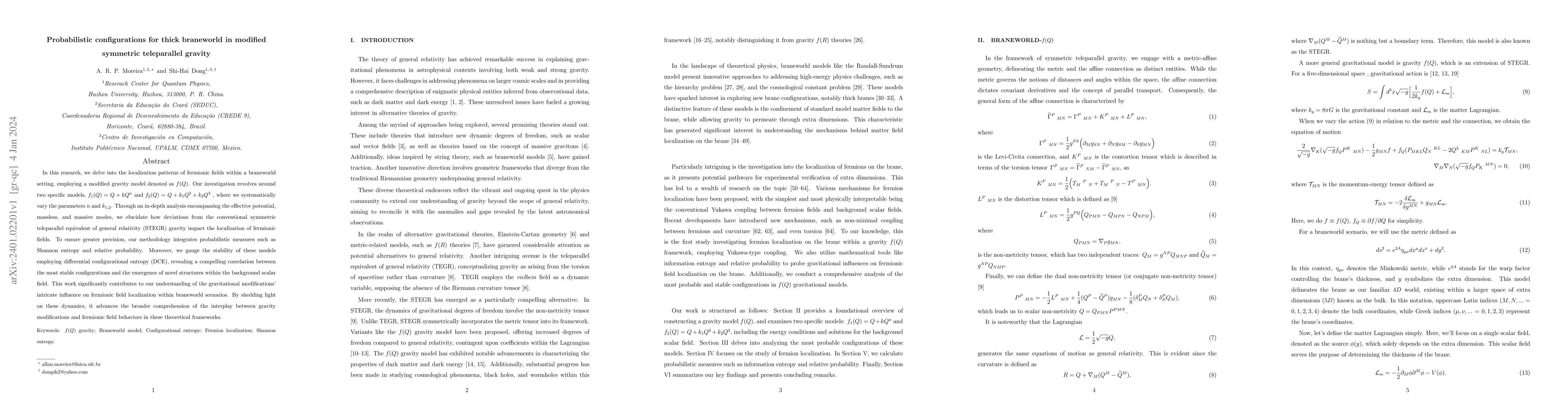 Thumbnail for Probabilistic configurations for thick braneworld in modified symmetric
  teleparallel gravity
