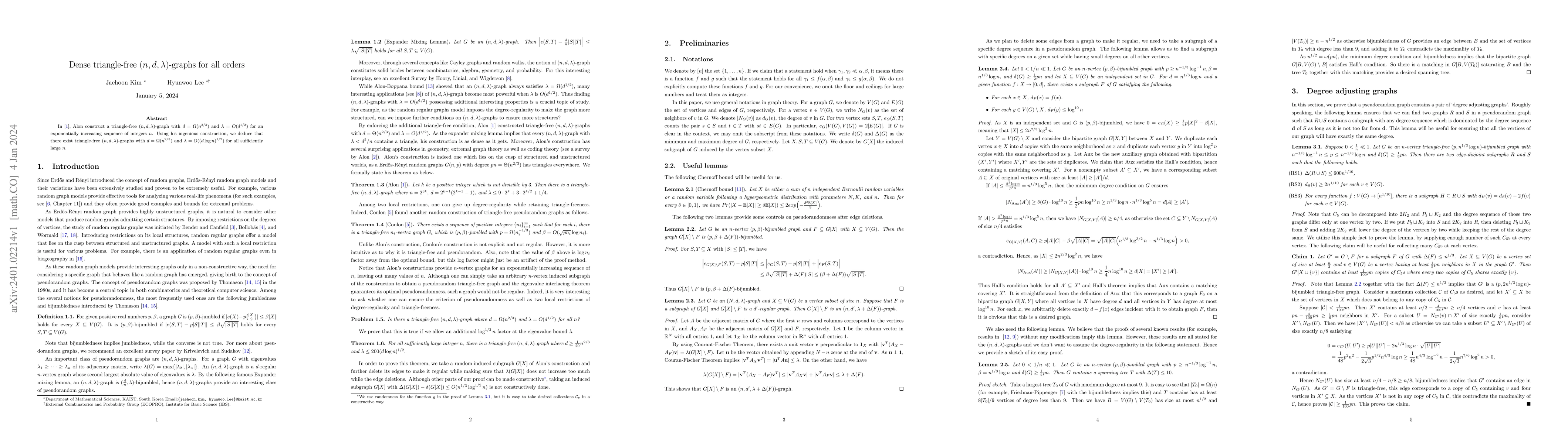 Thumbnail for Dense triangle-free $(n, d, \lambda)$-graphs for all orders