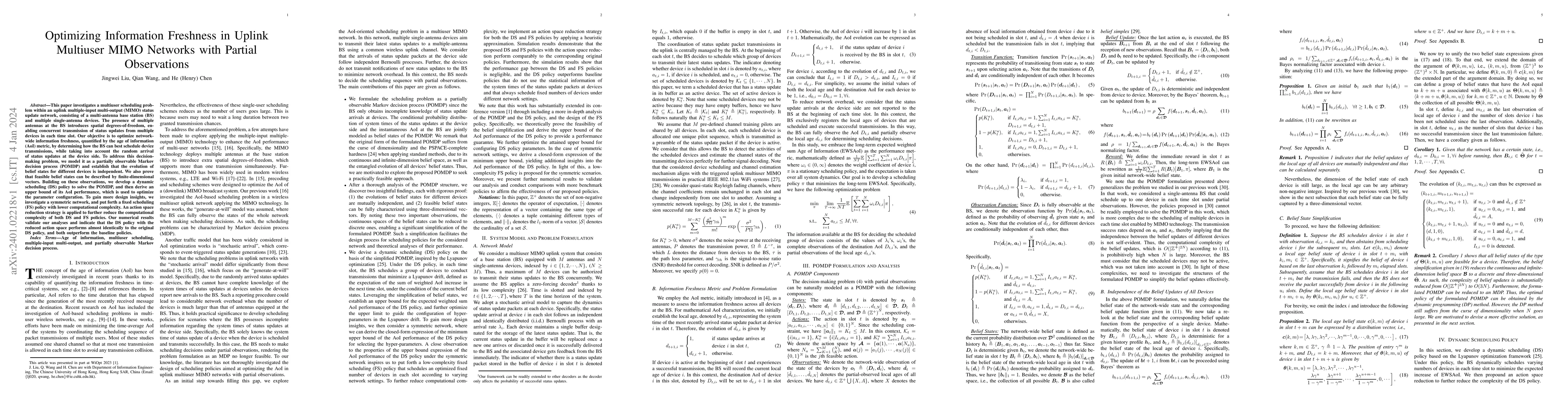 Thumbnail for Optimizing Information Freshness in Uplink Multiuser MIMO Networks with
  Partial Observations