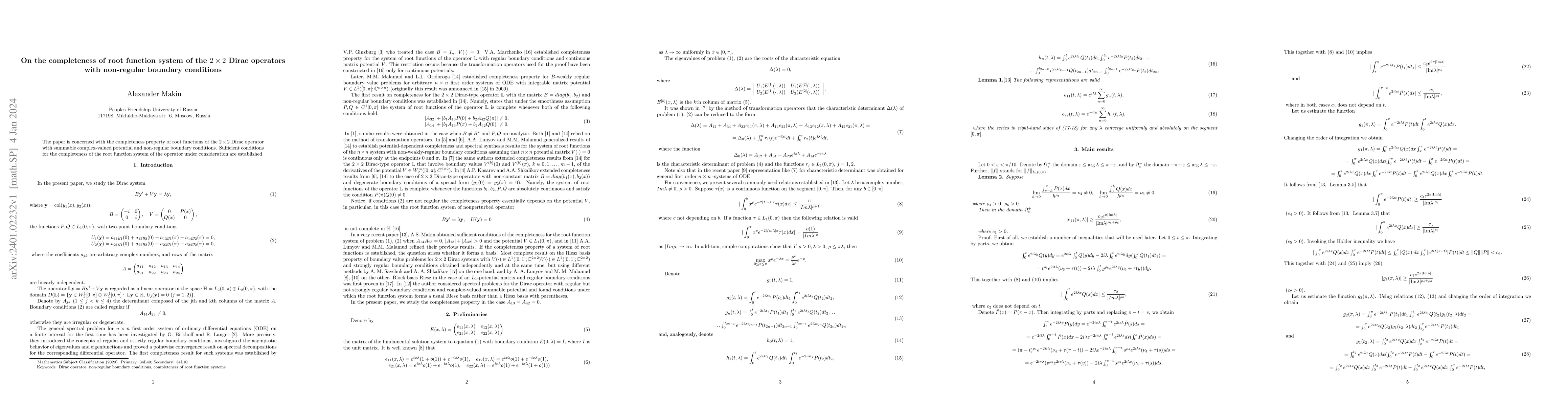 Thumbnail for On the completeness of root function system of the $2\times 2$ Dirac
  operators with non-regular boundary conditions