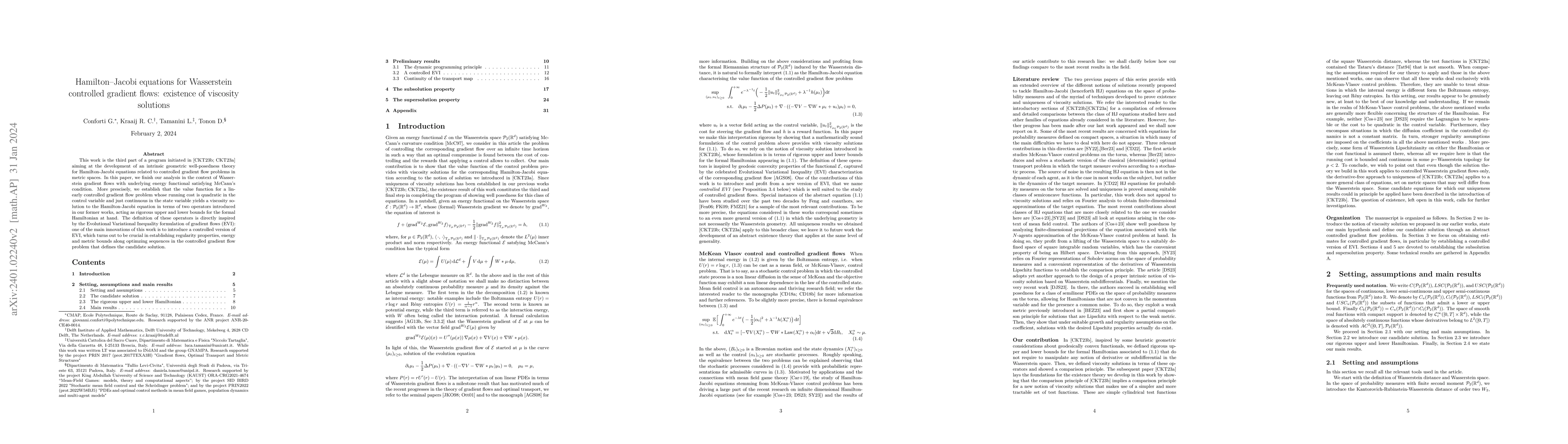 Thumbnail for Hamilton--Jacobi equations for Wasserstein controlled gradient flows:
  existence of viscosity solutions