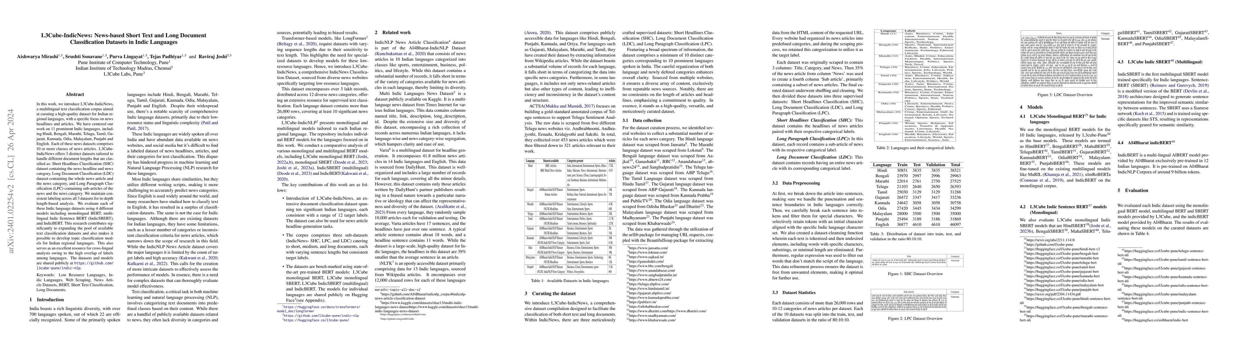 Thumbnail for L3Cube-IndicNews: News-based Short Text and Long Document Classification
  Datasets in Indic Languages