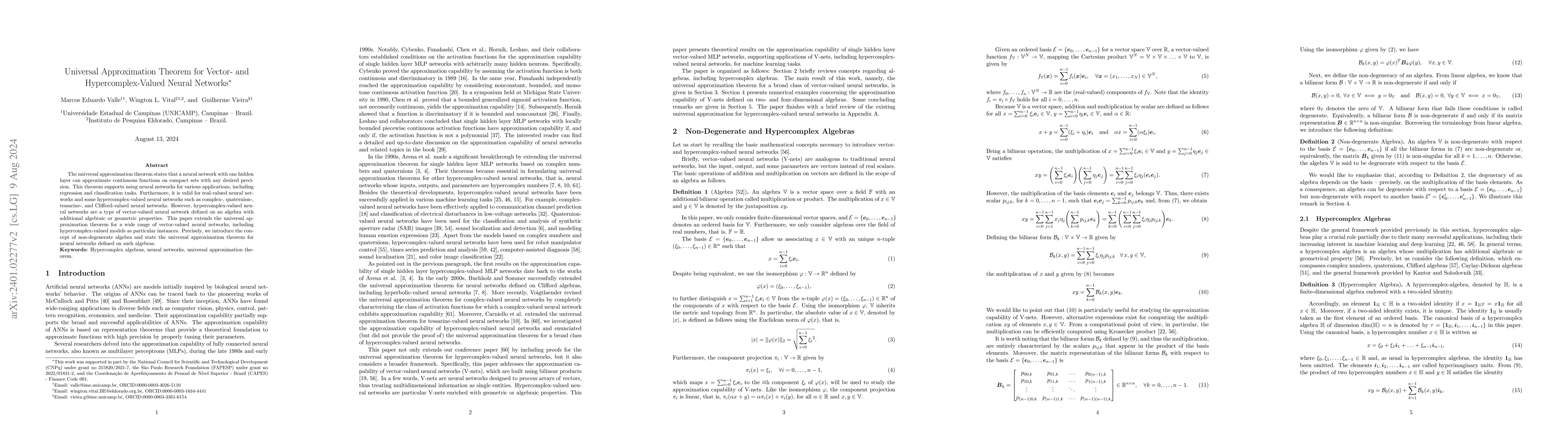 Thumbnail for Universal Approximation Theorem for Vector- and Hypercomplex-Valued
  Neural Networks