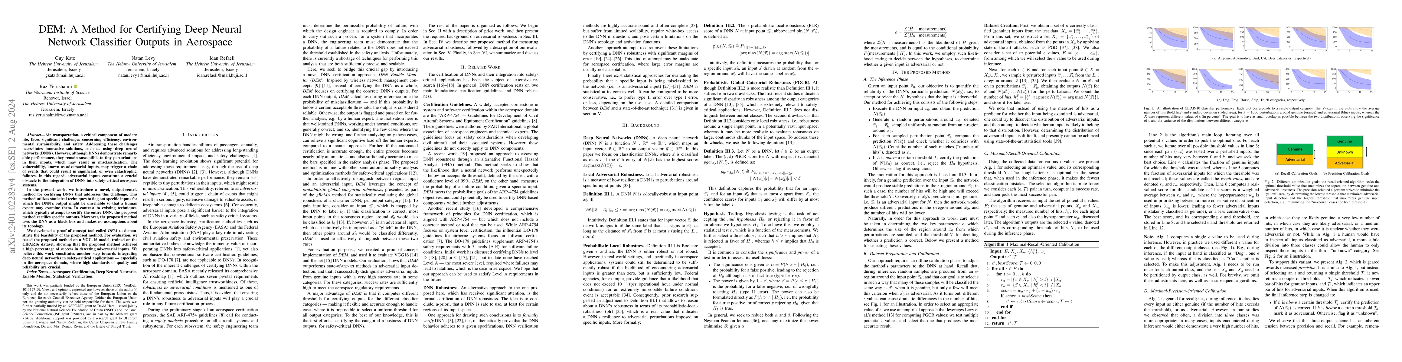 Thumbnail for DEM: A Method for Certifying Deep Neural Network Classifier Outputs in
  Aerospace