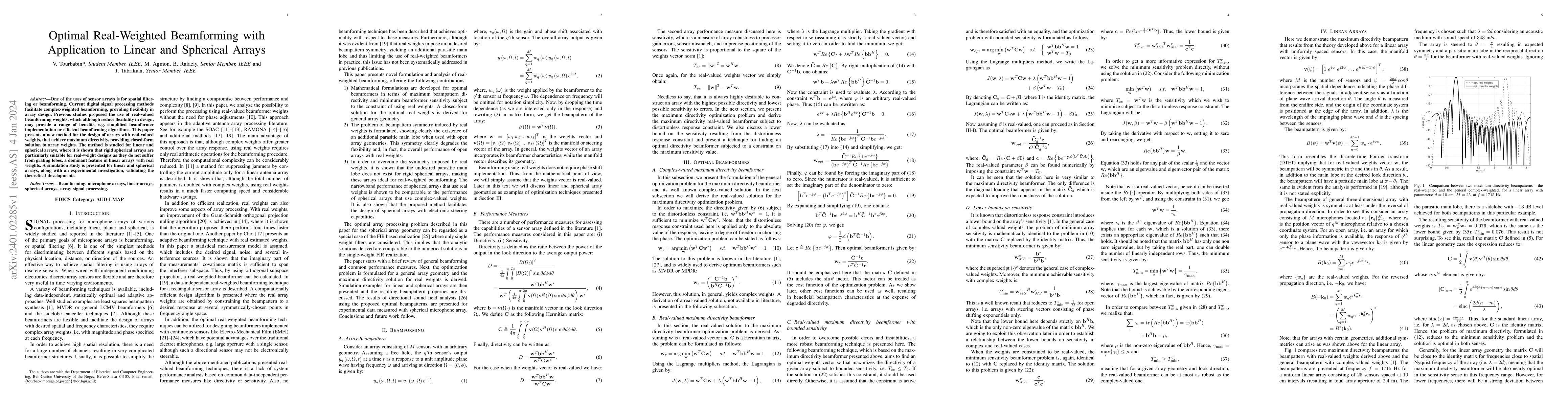 Thumbnail for Optimal Real-Weighted Beamforming With Application to Linear and
  Spherical Arrays