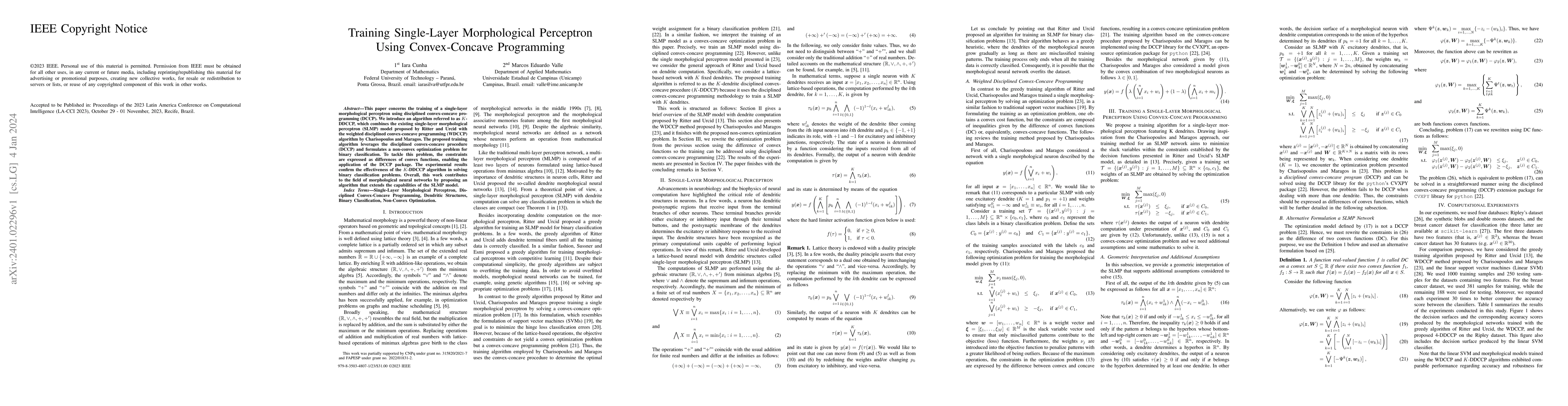 Thumbnail for Training Single-Layer Morphological Perceptron Using Convex-Concave
  Programming