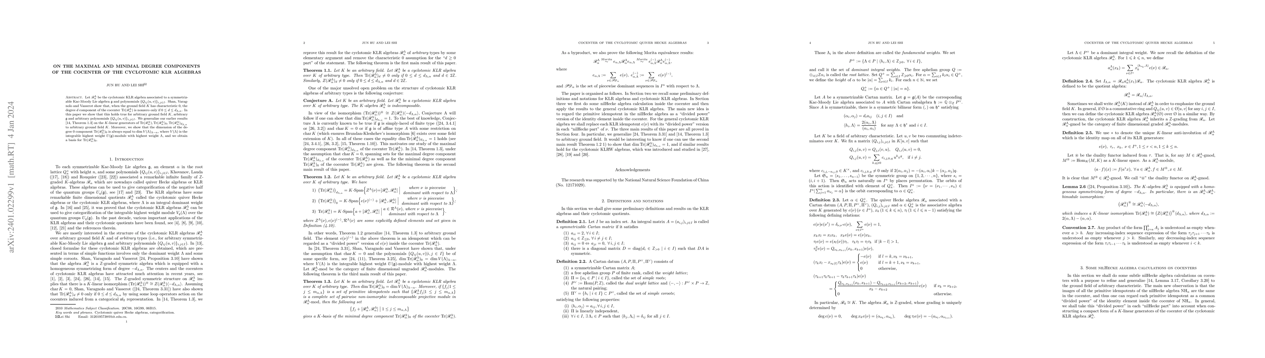 Thumbnail for On the maximal and minimal degree components of the cocenter of the
  cyclotomic KLR algebras