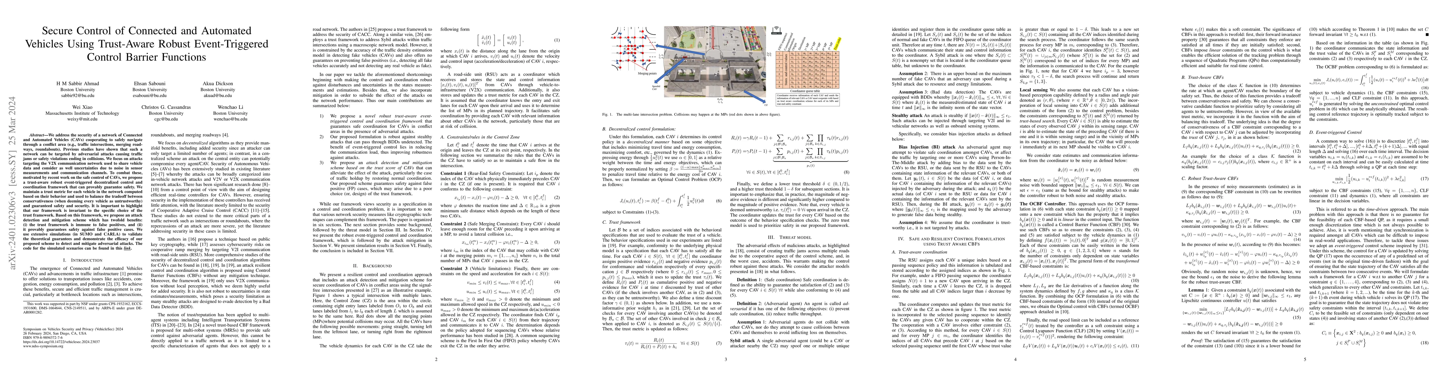 Thumbnail for Secure Control of Connected and Automated Vehicles Using Trust-Aware
  Robust Event-Triggered Control Barrier Functions