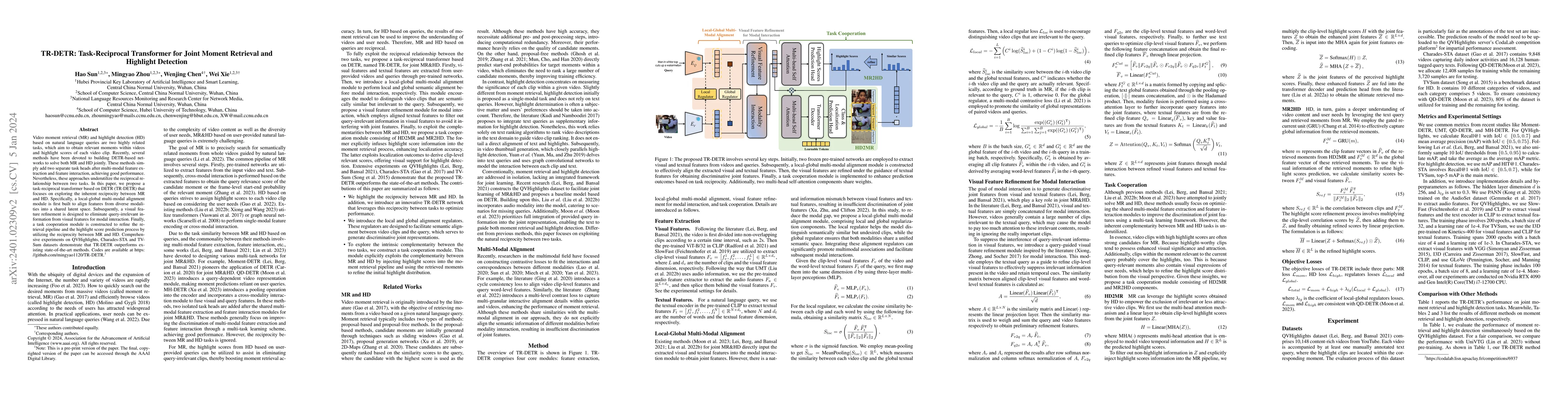 Thumbnail for TR-DETR: Task-Reciprocal Transformer for Joint Moment Retrieval and
  Highlight Detection