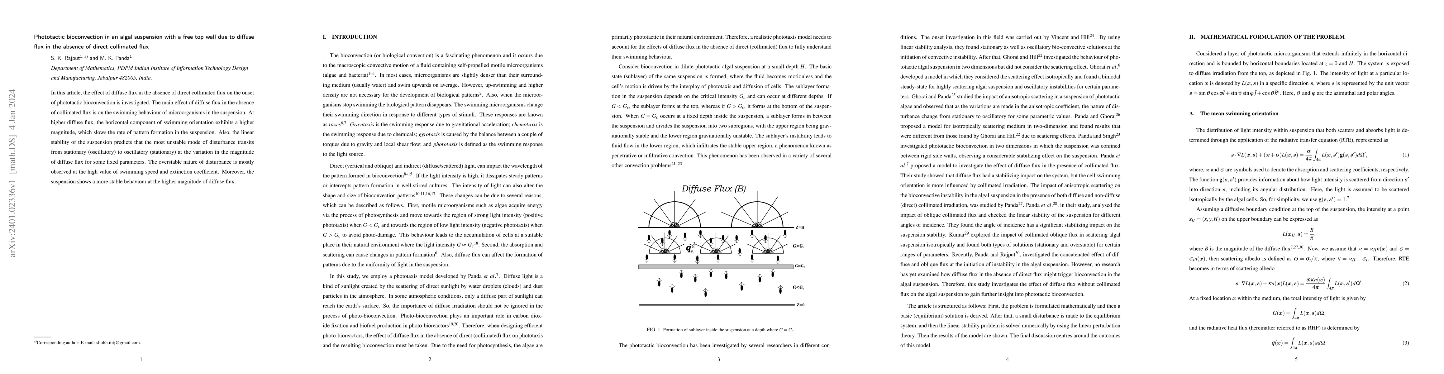 Thumbnail for Phototactic bioconvection in an algal suspension with a free top wall
  due to diffuse flux in the absence of direct collimated flux