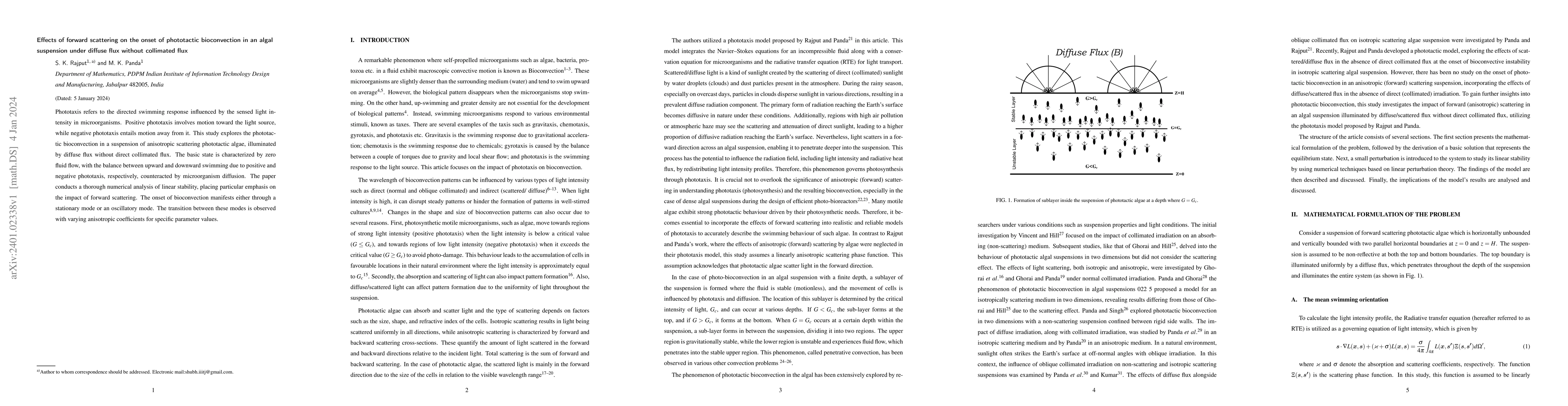Thumbnail for Effects of forward scattering on the onset of phototactic bioconvection
  in an algal suspension under diffuse flux without collimated flux