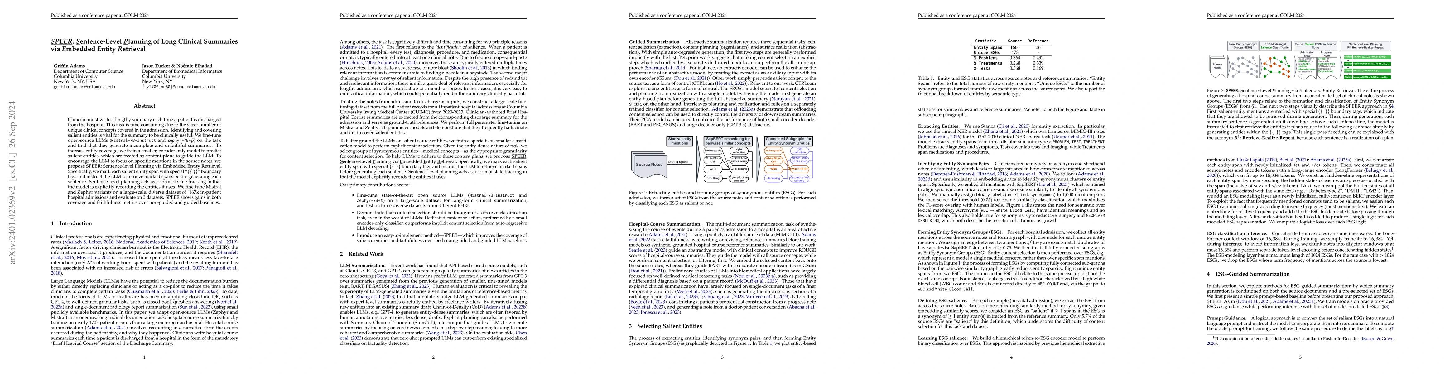 Thumbnail for SPEER: Sentence-Level Planning of Long Clinical Summaries via Embedded
  Entity Retrieval