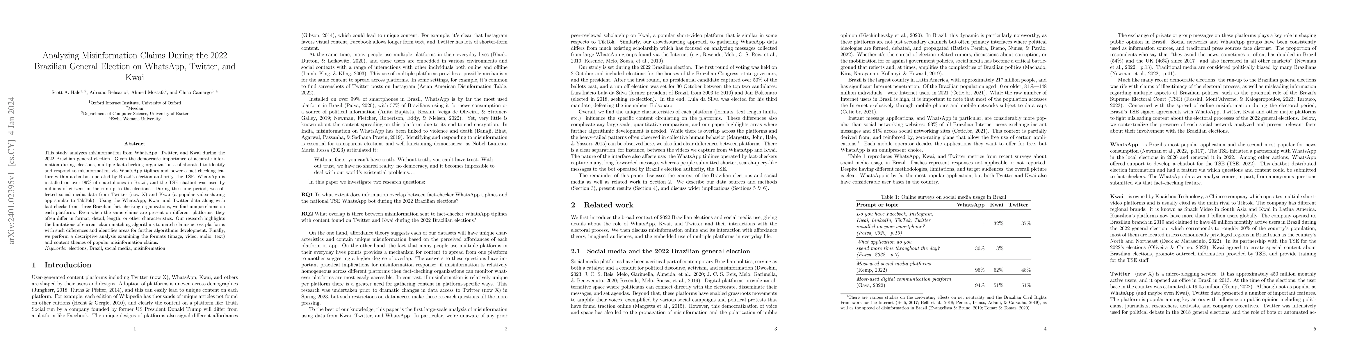 Thumbnail for Analyzing Misinformation Claims During the 2022 Brazilian General
  Election on WhatsApp, Twitter, and Kwai