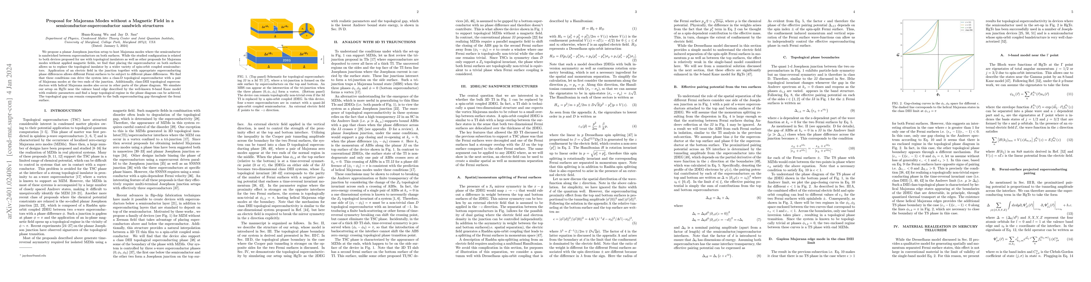 Thumbnail for Proposal for Majorana Modes without a Magnetic Field in a
  semiconductor-superconductor sandwich structures