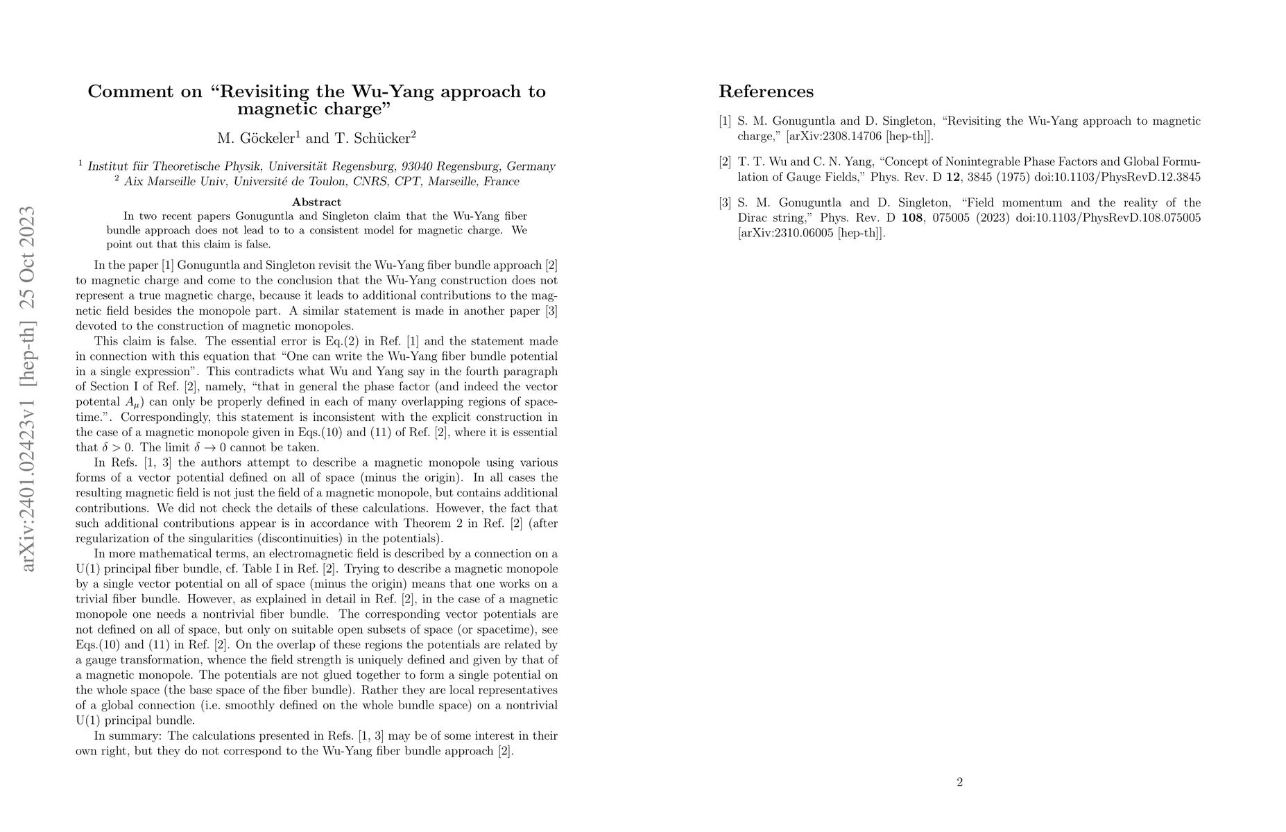 Thumbnail for Comment on "Revisiting the Wu-Yang approach to magnetic charge''